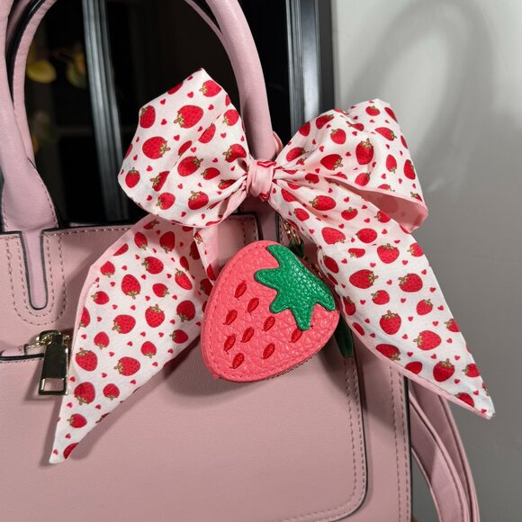 Pink Faux Leather Top Handle Satchel with Strawberry Twilly & Coin Purse Charm - Picture 2 of 15